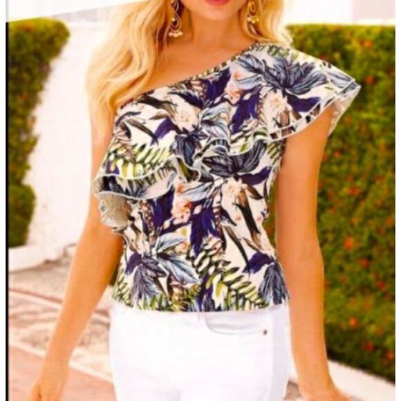 Boston Proper Tropical Print One Shoulder Top Size 10 - Picture 1 of 5